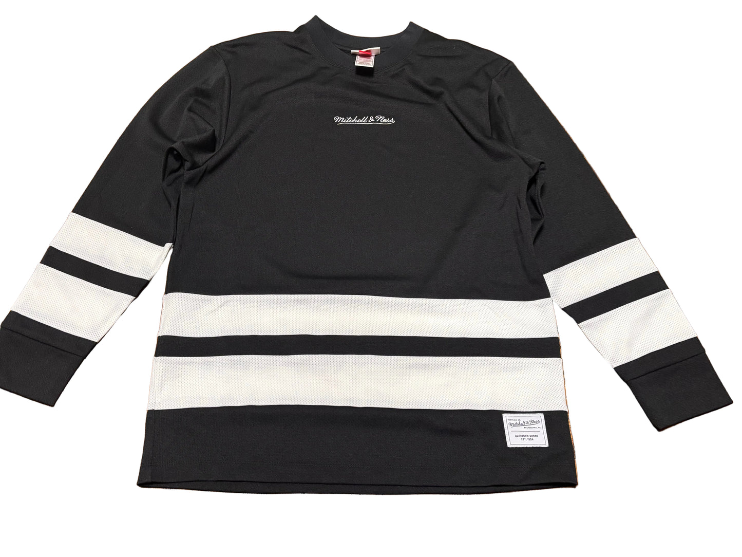 Mitchell & Ness Branded Sports Long Sleeve Arch Hockey Jersey Tee T Shirt Black White Striped Men’s Large L New NWOT