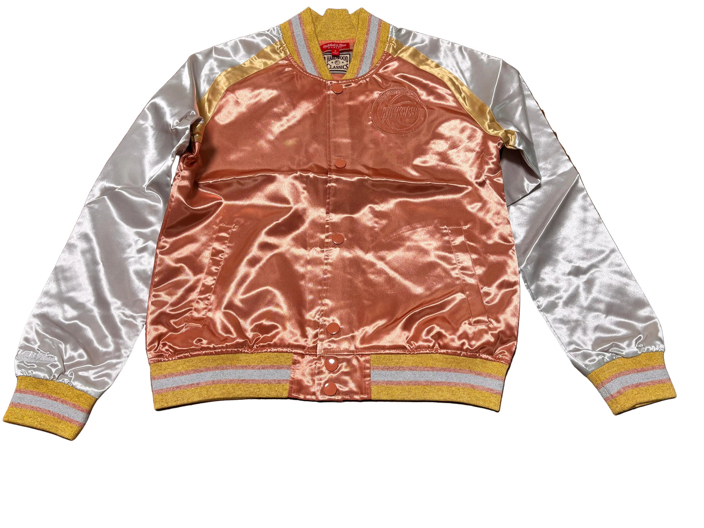 Houston Rockets Mitchell & Ness NBA Retro Hardwood Classic HWC Satin Sparkle Team Logo Long Sleeve Full Snap Button Jacket Pink Red White Yellow Women’s Small S New NWOT