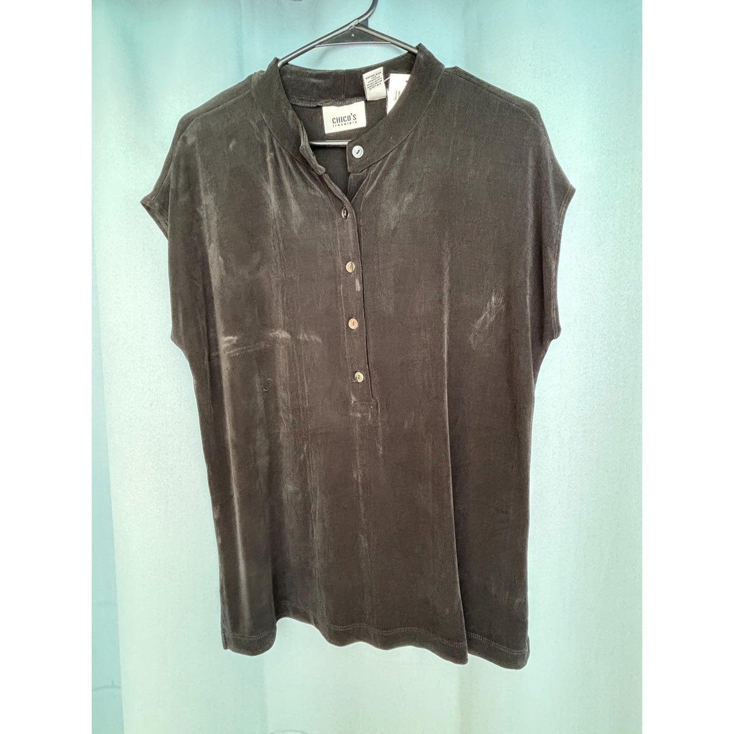 Vintage Chico's Black Travelers Size 3 Cap Sleeve Button Front SS Top Mandy NWT
