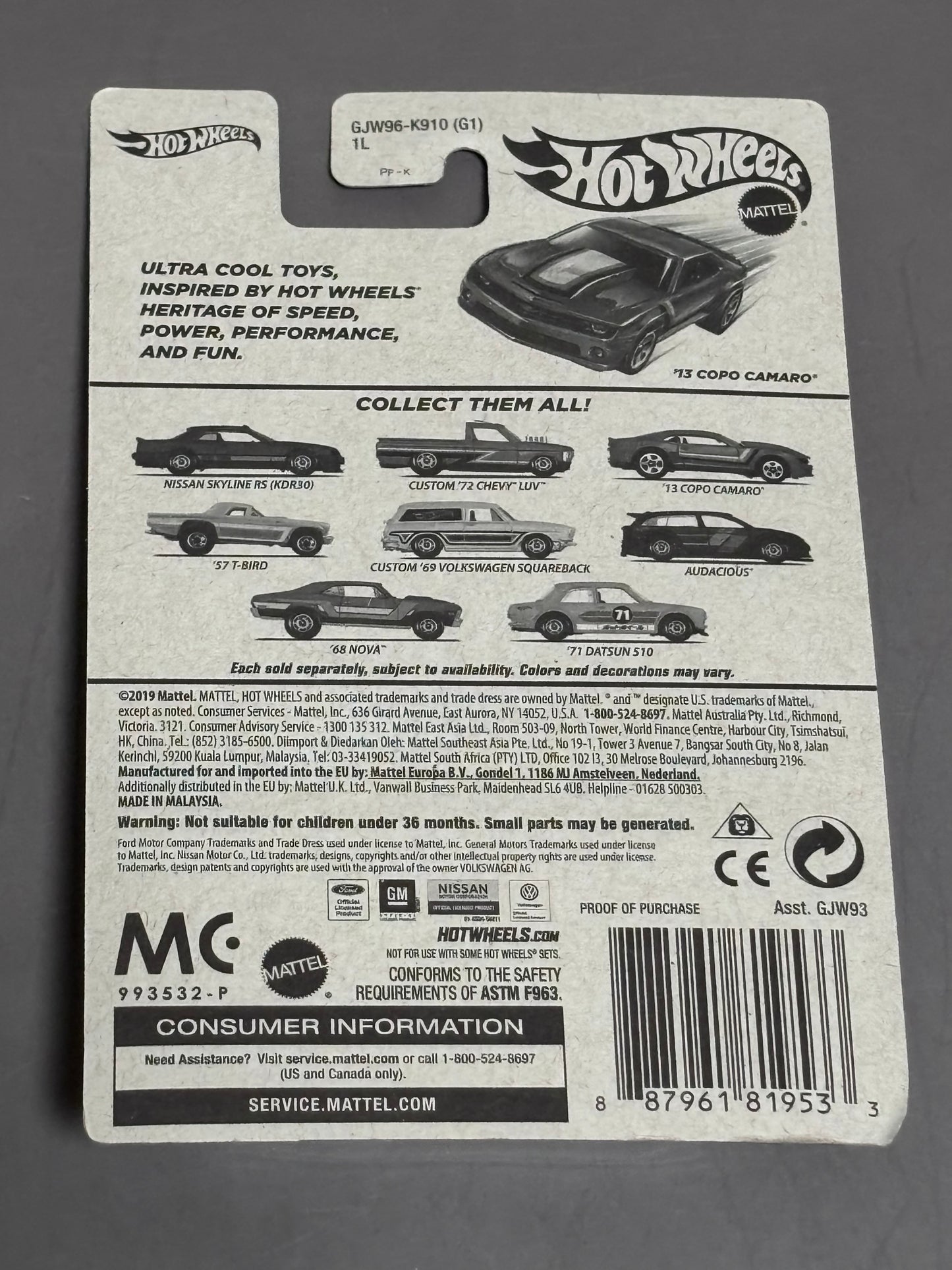 Hot Wheels Flying Customs '13 Chevy Copo Camaro Blue Collectible Car Model