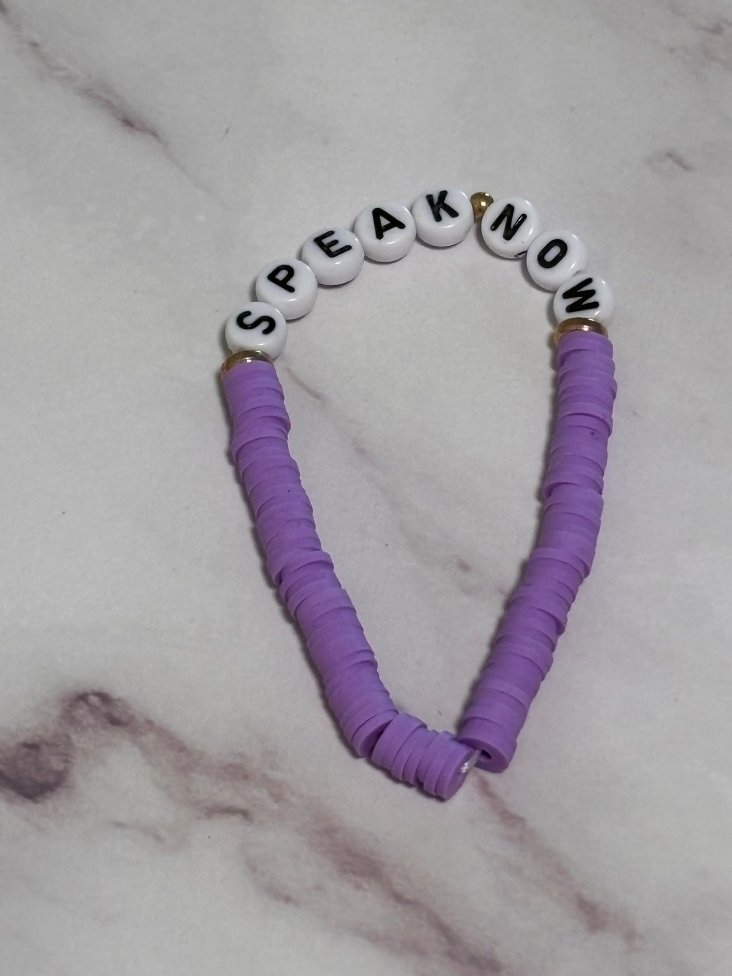 Speak Now Purple Heishi Word Bracelet 7 Inch Polymer Clay Gold White Letter Beads