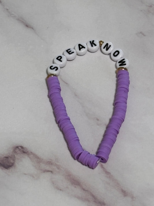Speak Now Purple Heishi Word Bracelet 7 Inch Polymer Clay Gold White Letter Beads