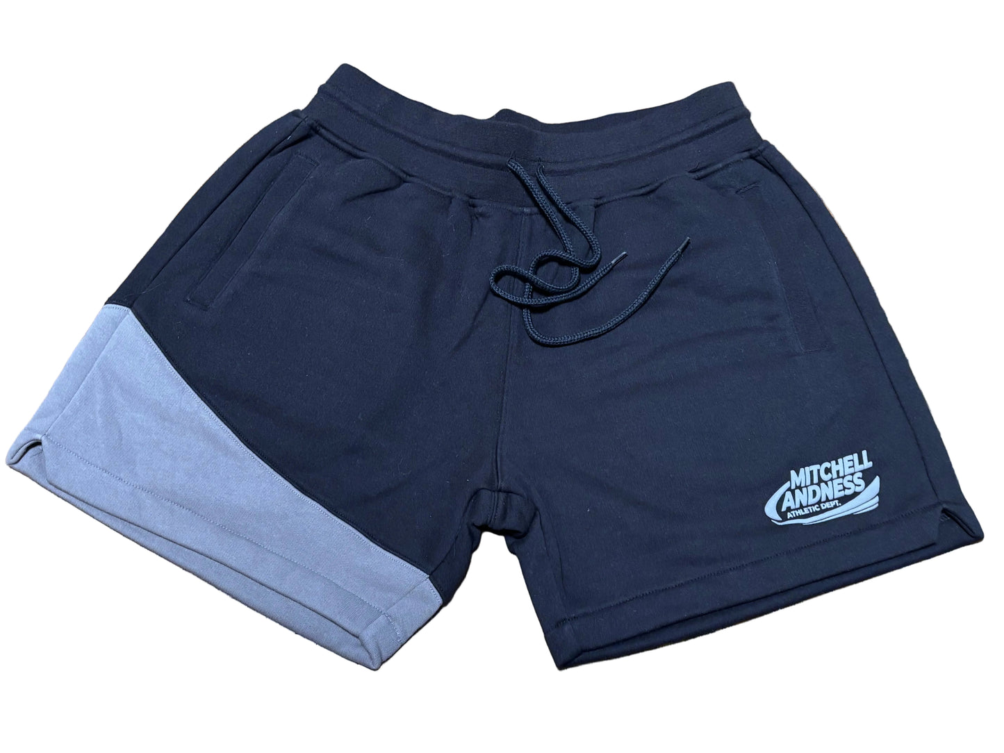 Mitchell & Ness Branded Essentials Fleece Shorts Drawstring Black Gray Mens Large L New NWOT