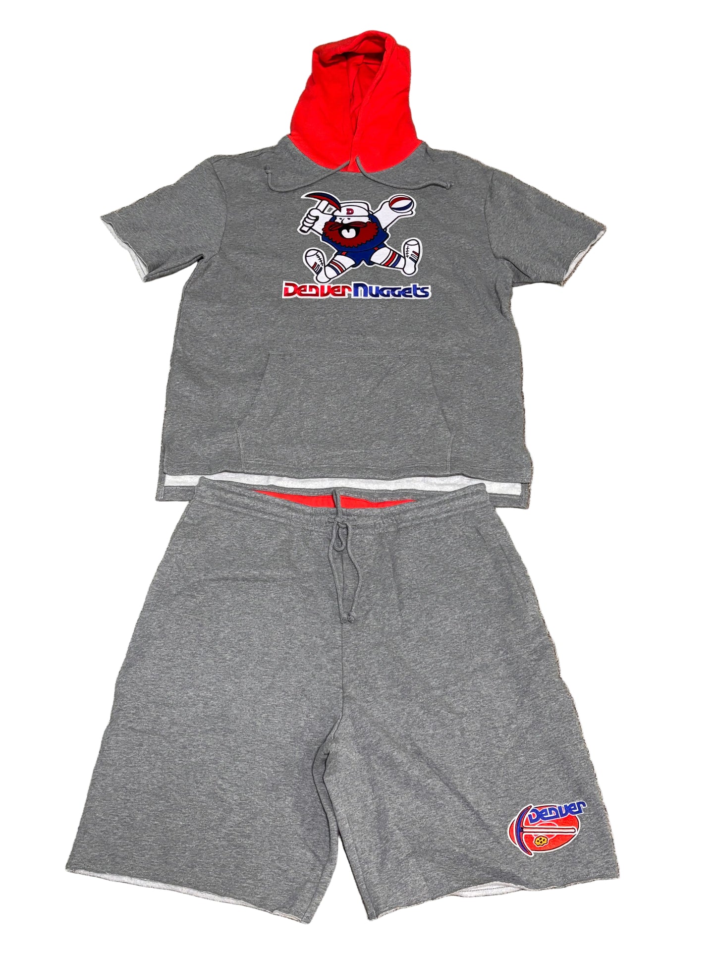 Denver Nuggets Mitchell & Ness NBA Heather Gray Postgame Fleece Short Sleeve Pullover Hoodie & Shorts Men’s Large L New NWOT