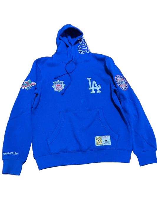Los Angeles LA Dodgers Mitchell & Ness MLB Baseball Cooperstown City Collection Big Face Team Logo 1988 World Series Patch Long Sleeve Shirt Sweater Hooded Hoodie Royal Blue White Mens Large L New NWOT