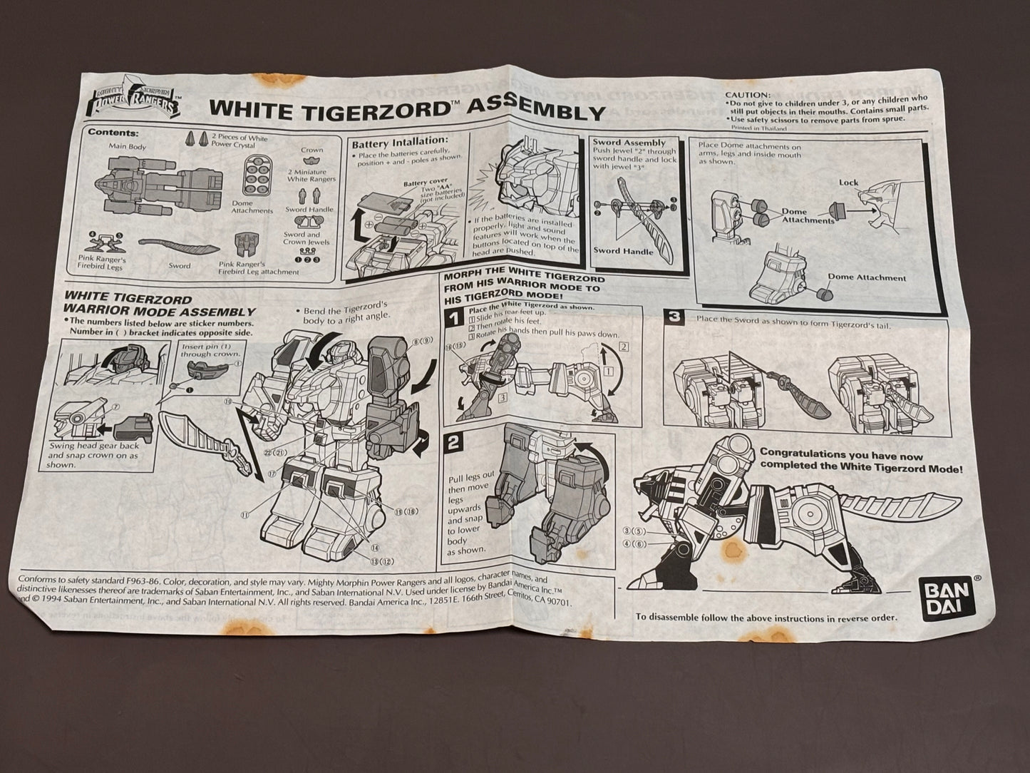 Assembly Instructions Mighty Morphin Power Rangers White Tigerzord Bandai 1994