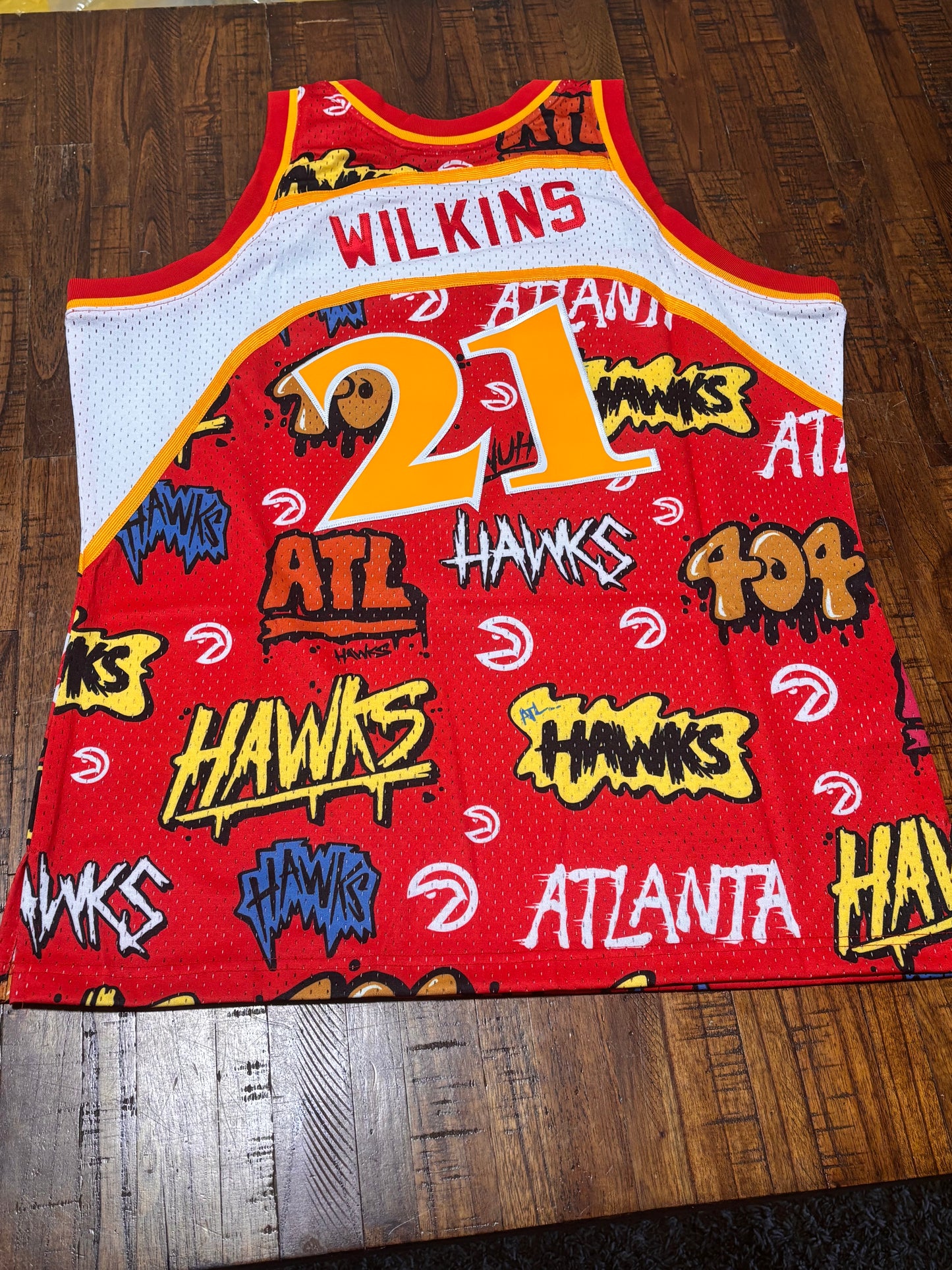 Dominque Wilkins Atlanta Hawks Mitchell & Ness Hardwood Classic HWC NBA Retro Swingman 1986-87 Slap Sticker Graffiti Red White Jersey Men’s Large L New NWOT