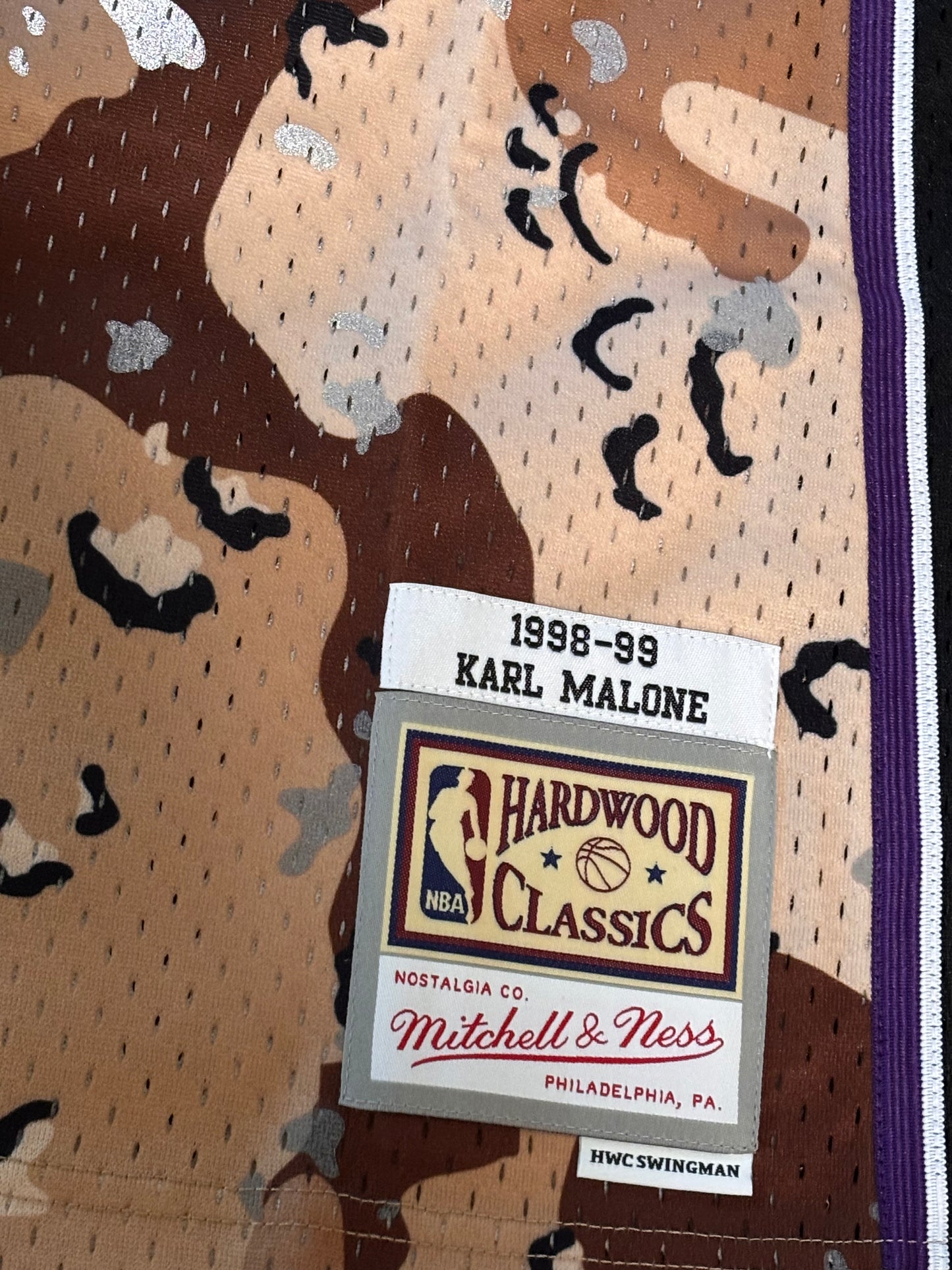Karl Malone Utah Jazz Mitchell & Ness NBA Retro Hardwood Classic HWC Swingman 1998-99 Camo Camouflage Army Jersey Brown White Mens Large L New NWOT