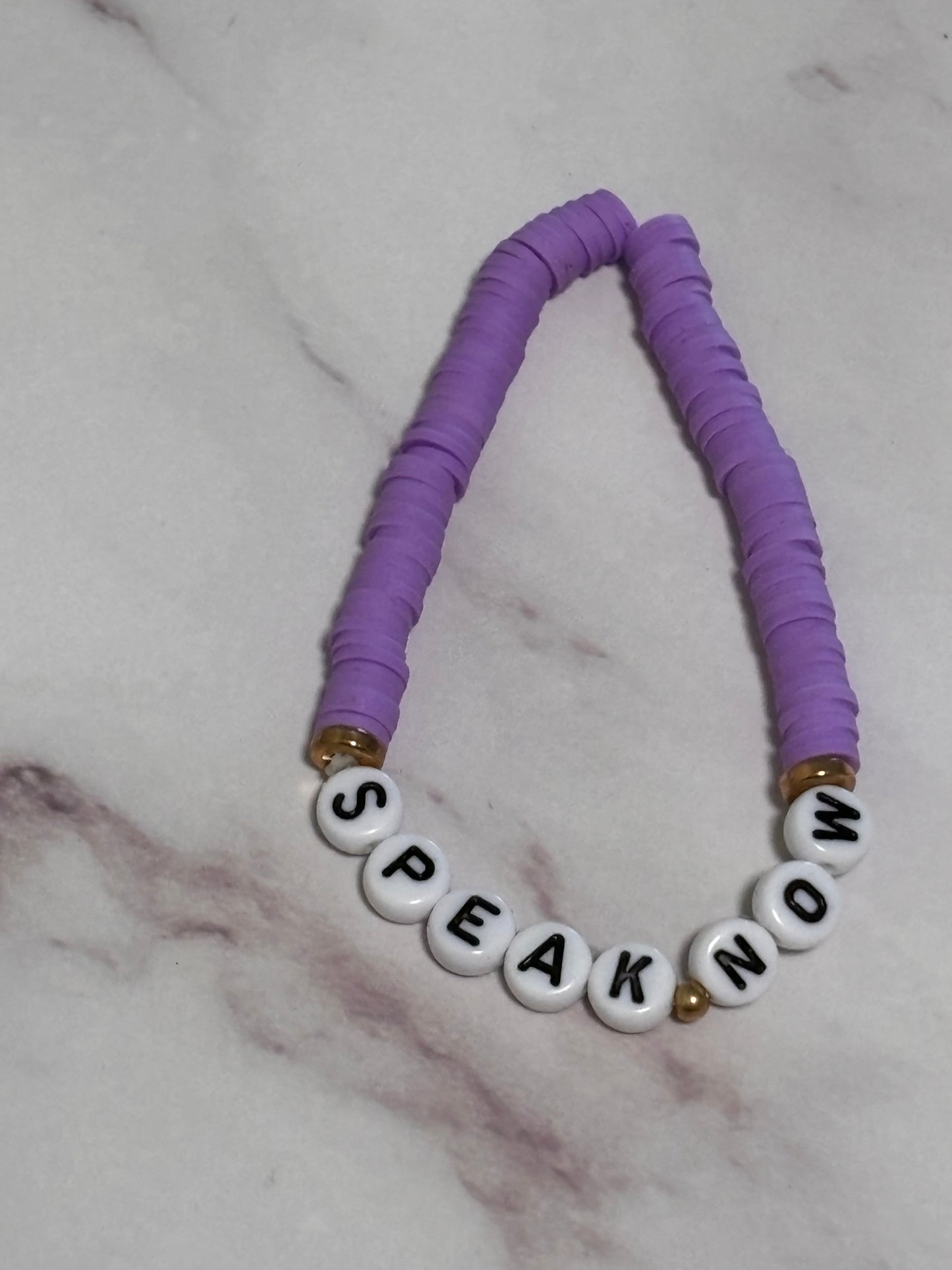 Speak Now Purple Heishi Word Bracelet 7 Inch Polymer Clay Gold White Letter Beads