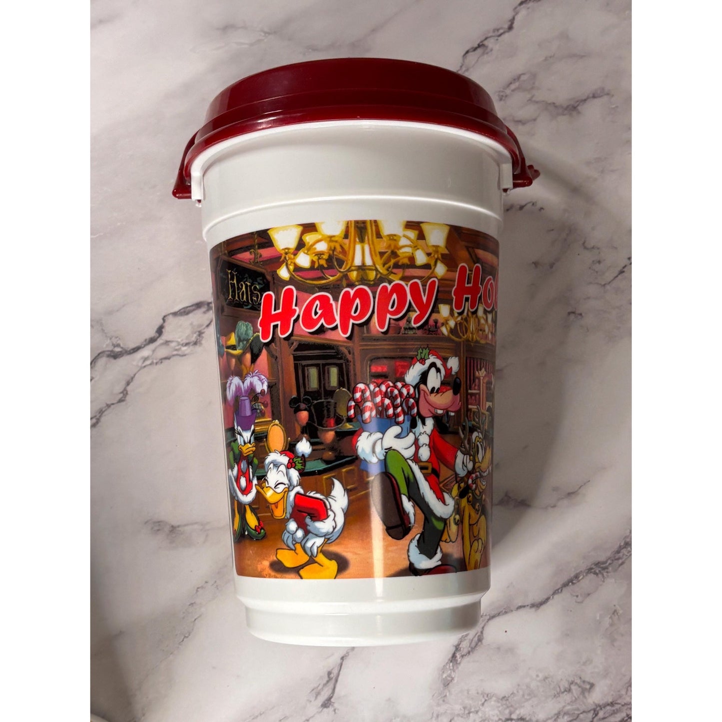 Vtg Disney Parks Happy Holidays Popcorn Bucket 1992 1993 Mickey Minnie Goofy