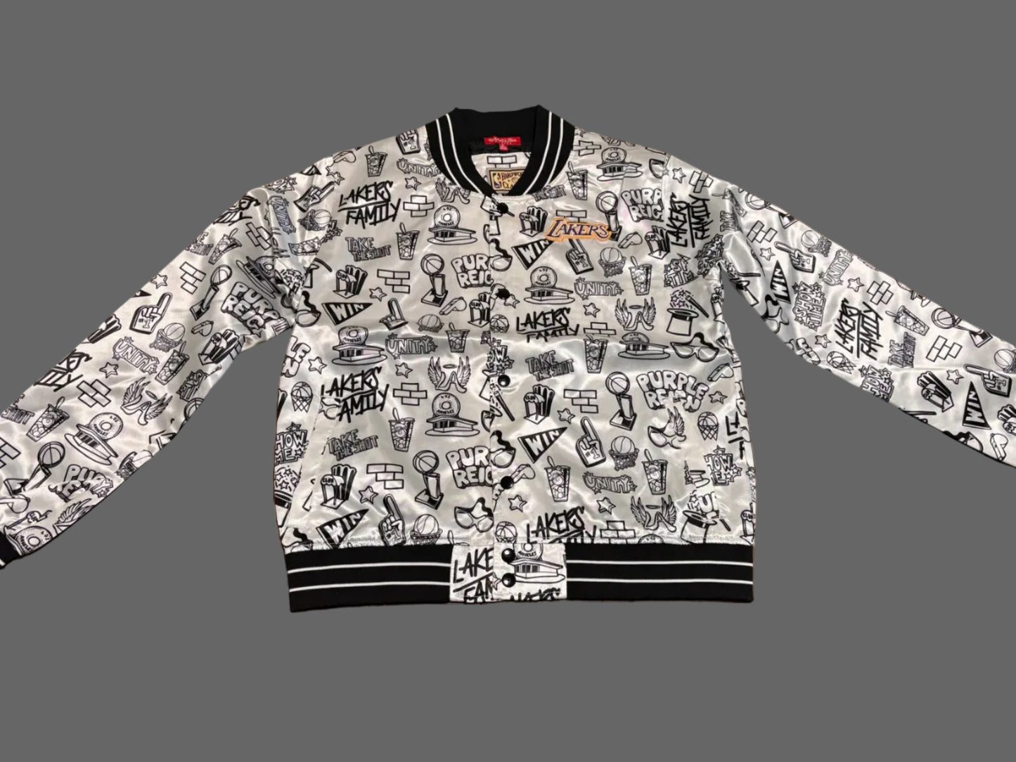 Los Angeles LA Lakers Mitchell & Ness HWC Hardwood Classic Doodle Swingman Nba Retro Satin Jacket White Women Medium M New NWOT