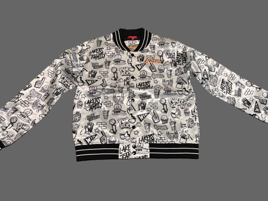 Los Angeles LA Lakers Mitchell & Ness HWC Hardwood Classic Doodle Swingman Nba Retro Satin Jacket White Women Medium M New NWOT