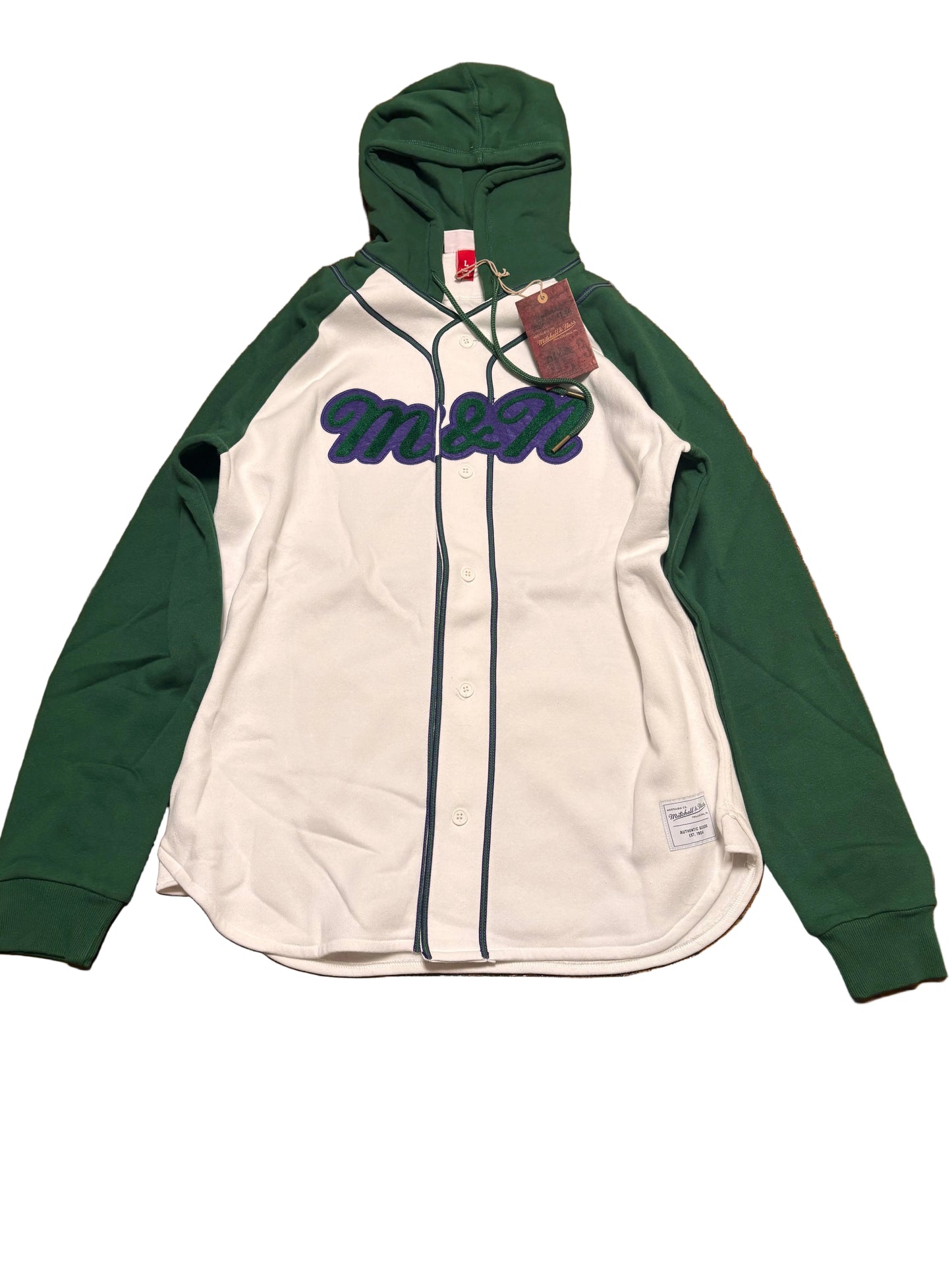 Mitchell & Ness Branded Sports Big Logo Full Button Down Pullover Sweat Shirt Hoodie Hooded Long Sleeve Tee T Shirt Green Purple Cream Men’s Large L New NWT