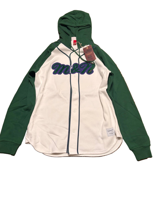 Mitchell & Ness Branded Sports Big Logo Full Button Down Pullover Sweat Shirt Hoodie Hooded Long Sleeve Tee T Shirt Green Purple Cream Men’s Large L New NWT