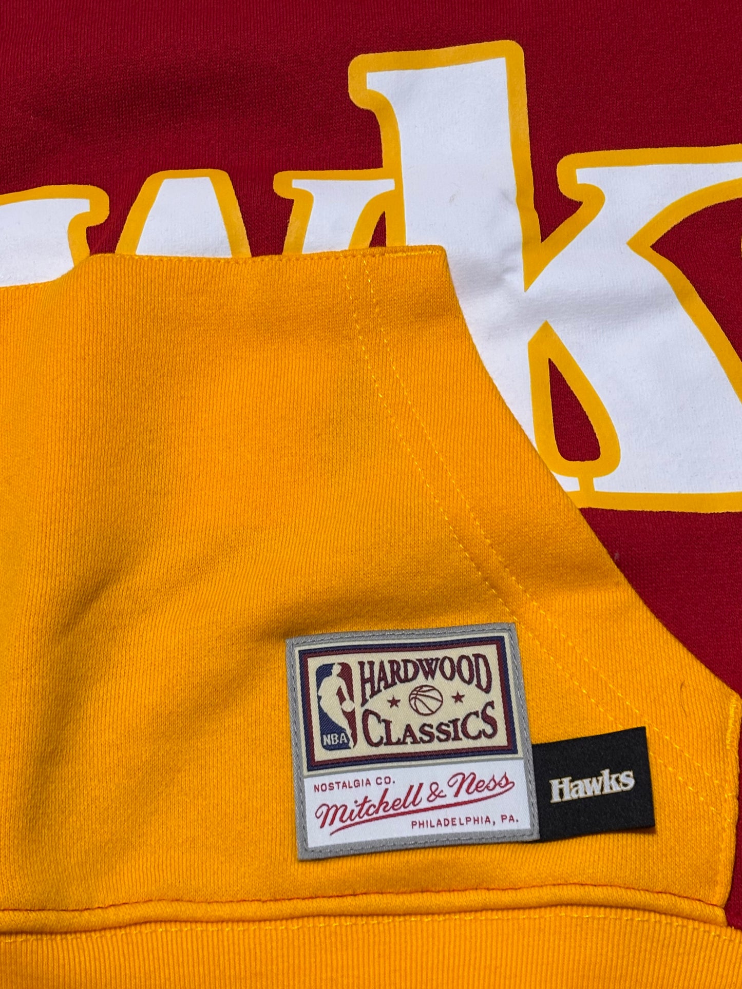 Atlanta Hawks Mitchell & Ness Hardwood Classic HWC NBA Retro Big Face 5.0 Fashion Pocket Hooded Hoodie Sweat Shirt Pullover Red Yellow Youth Kids Medium M 10-12 New NWOT
