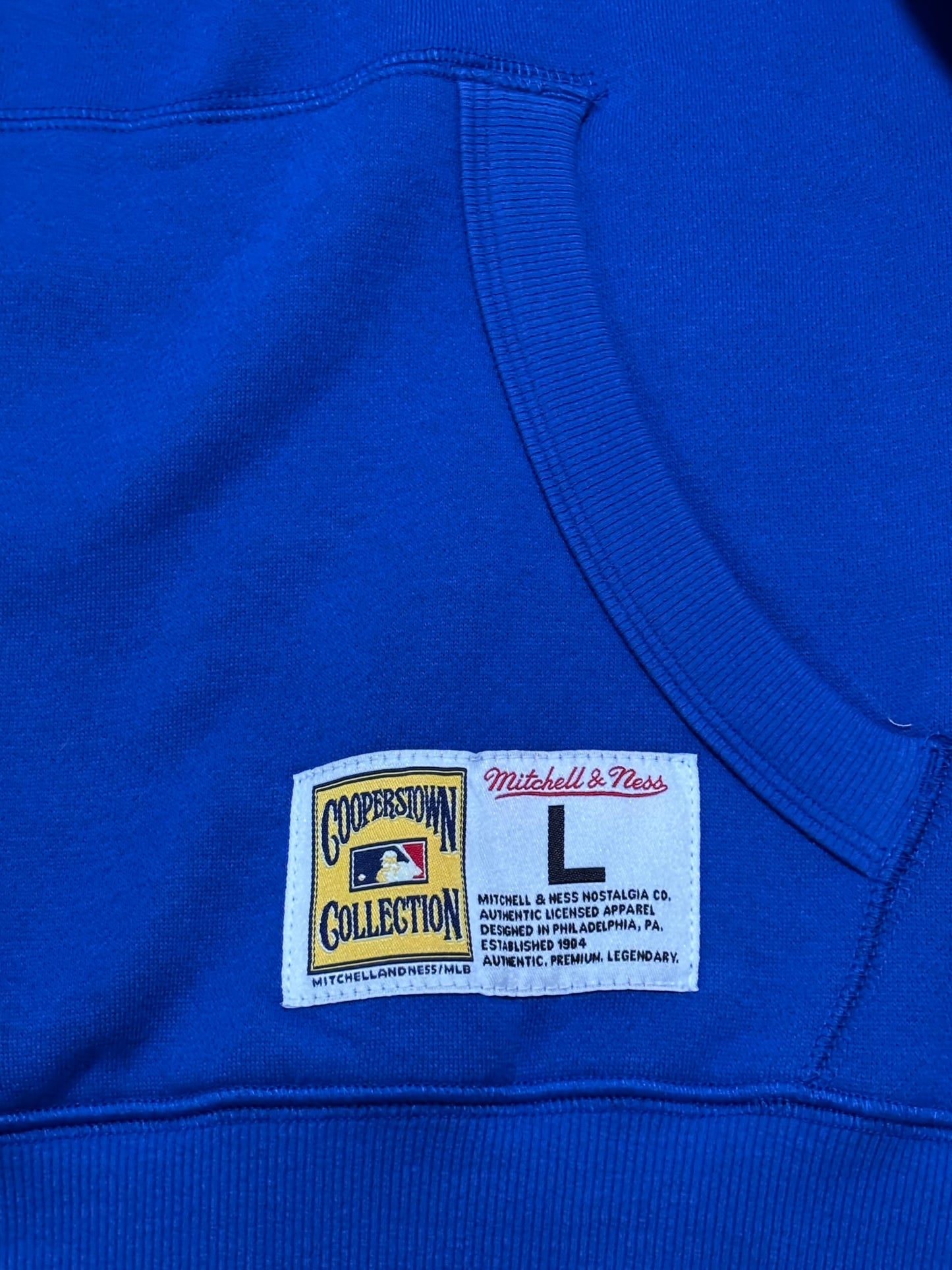 Los Angeles LA Dodgers Mitchell & Ness MLB Baseball Cooperstown City Collection Big Face Team Logo 1988 World Series Patch Long Sleeve Shirt Sweater Hooded Hoodie Royal Blue White Mens Large L New NWOT