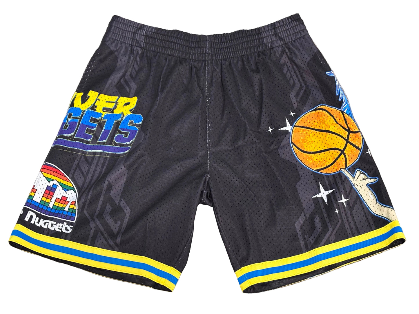 Denver Nuggets Mitchell & Ness NBA HWC Hardwood Classic Black Short Anime Character Art Mens Large L NWOT New