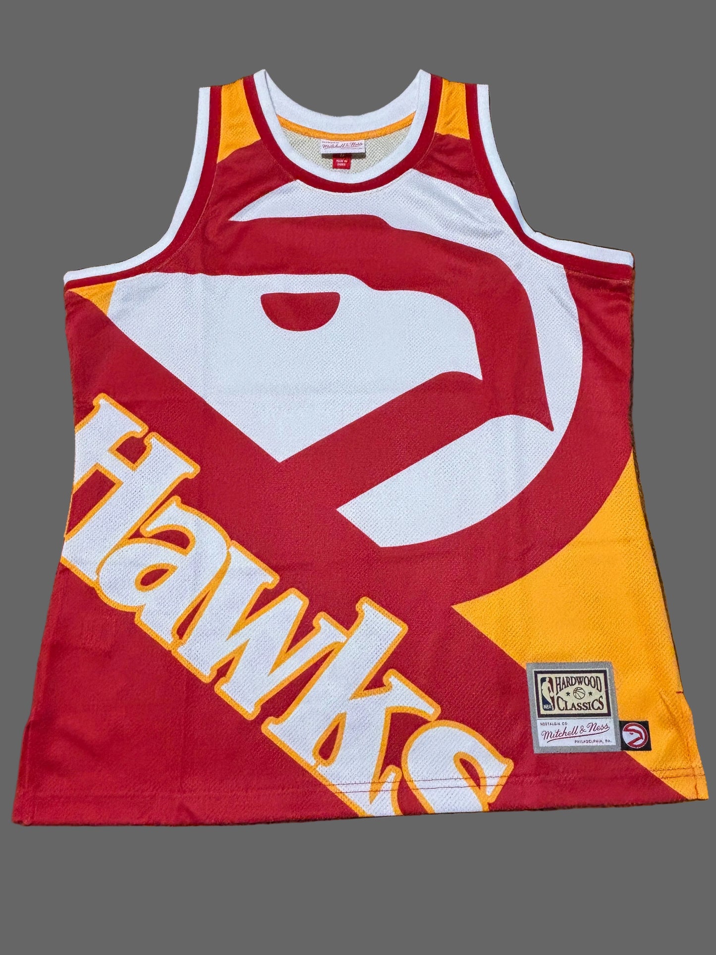 Atlanta Hawks Mitchell & Ness Hardwood Classic HWC NBA Retro Big Face 5.0 Fashion Jersey Red Yellow Men’s Large L New NWOT