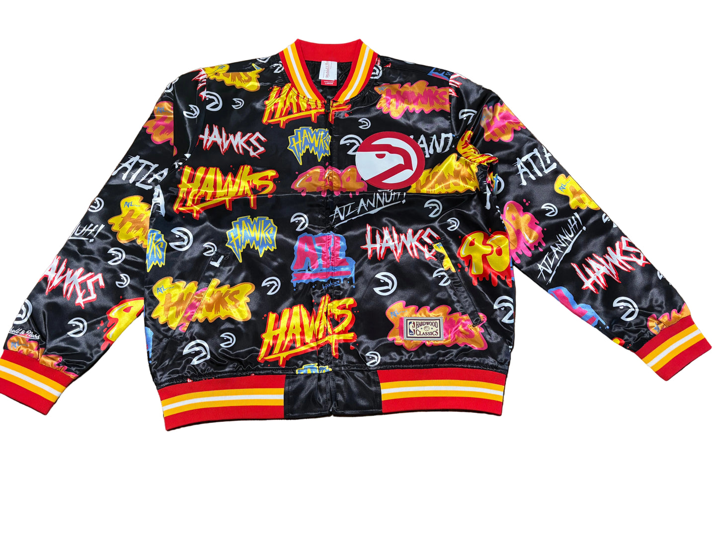 Atlanta Hawks Mitchell & Ness Hardwood Classic HWC NBA Retro Slap Sticker Reversible Varsity Jacket Long Sleeve Black Men’s Large L New NWOT