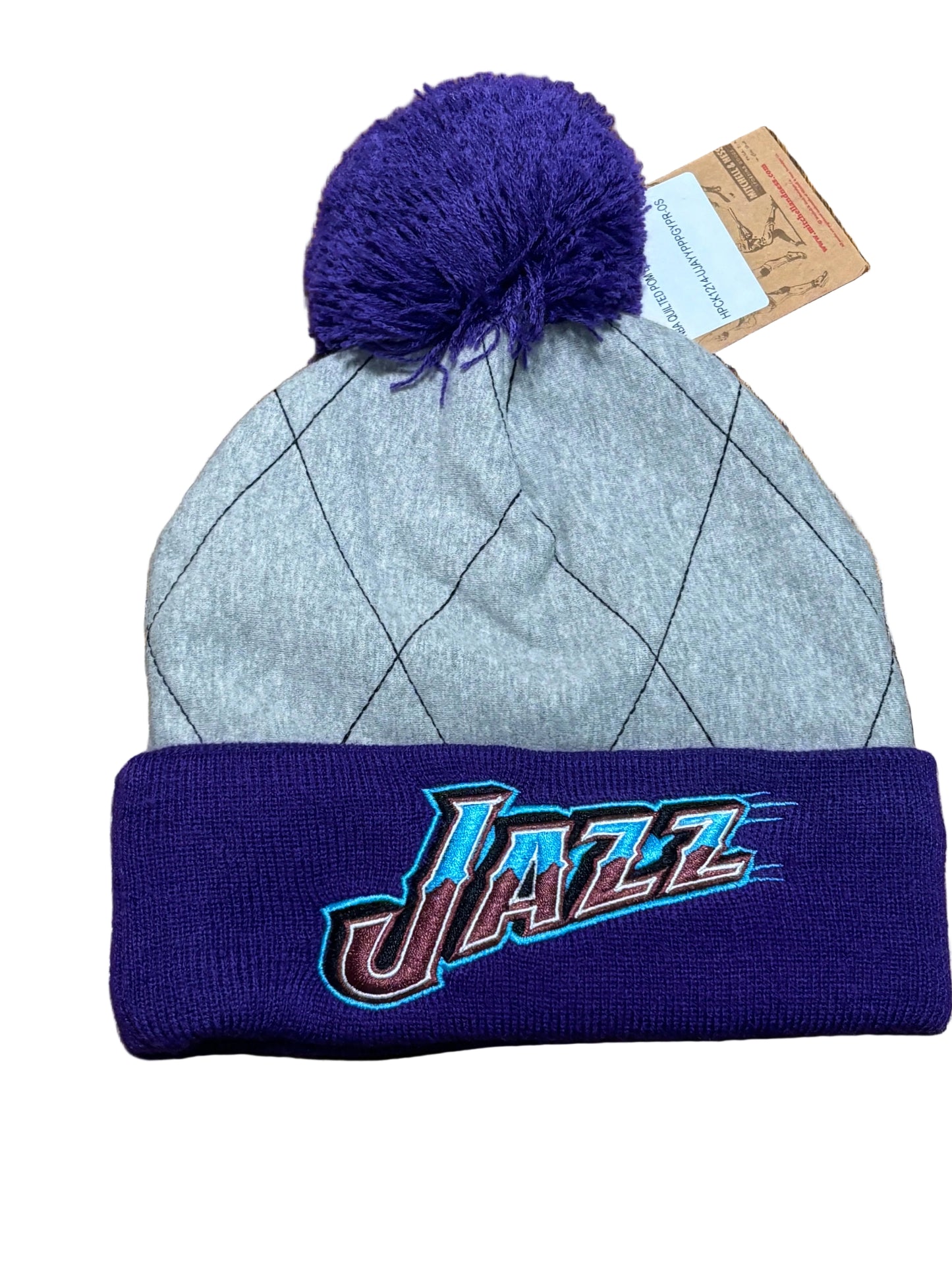 Utah Jazz Mitchell & Ness NBA Retro Hardwood Classic HWC Two Tone Quilted Knit Skull Cap Pom Pom Beanie Hat Purple Heather Gray New NWT