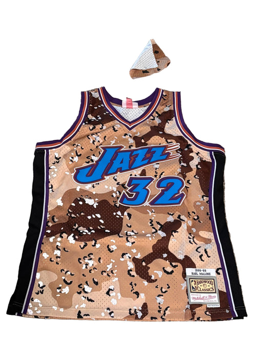 Karl Malone Utah Jazz Mitchell & Ness NBA Retro Hardwood Classic HWC Swingman 1998-99 Camo Camouflage Army Jersey Brown White Mens Large L New NWOT