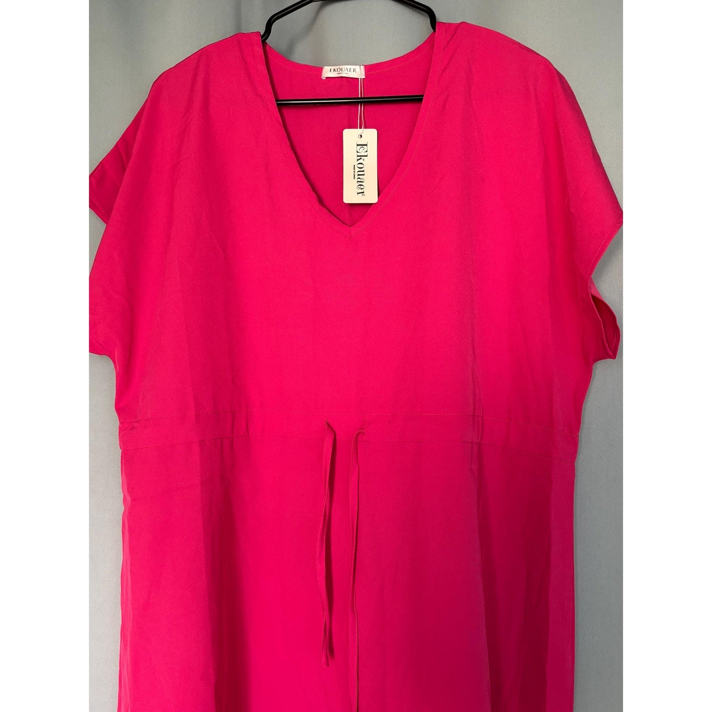 Ekouaer Womens Swimsuit Coverup V Neck Beach Bathing Tie Waist Dress Pink L NWT