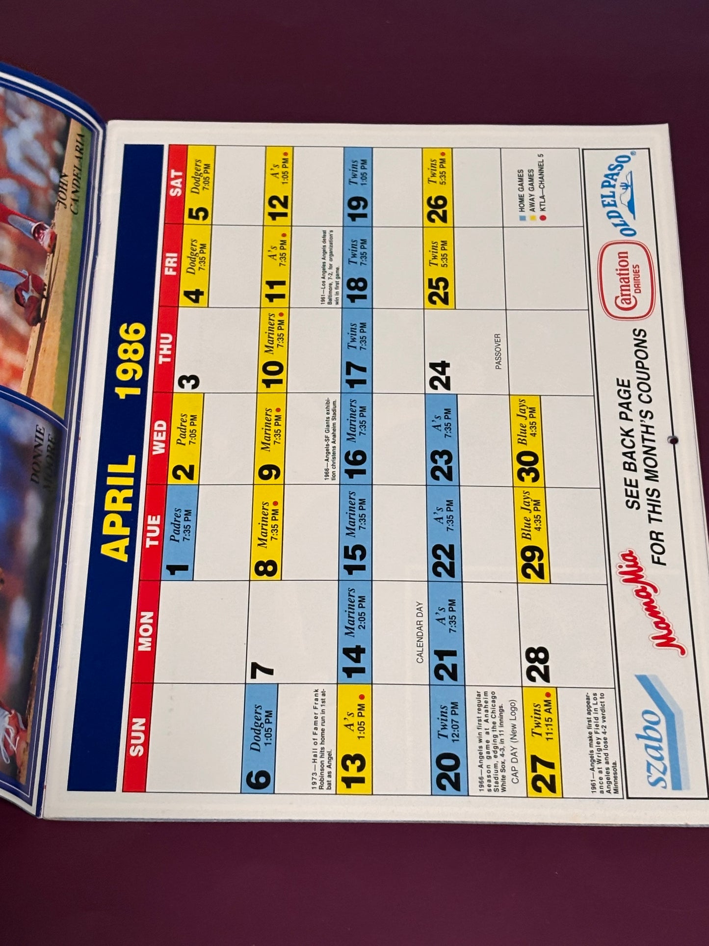 Vintage 1986 Los Angeles Angels Baseball Calendar Game Schedule MLB
