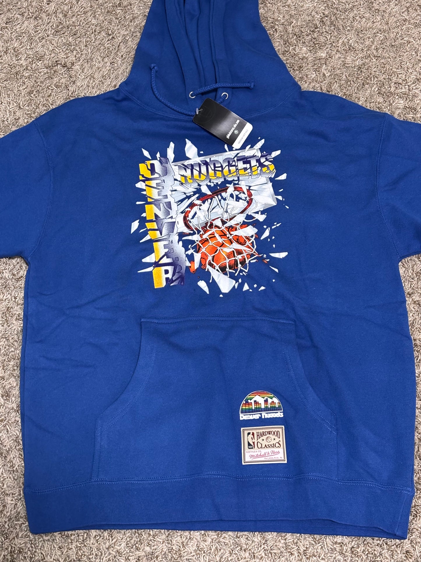 Denver Nuggets Mitchell & Ness Blue Rim Glass Breaking Hardwood Classic Hoodie Mens Large L New NWT