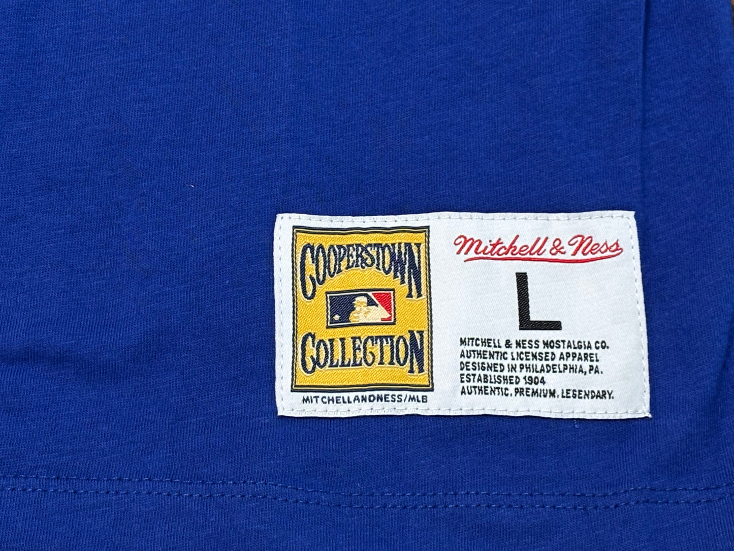 Los Angeles LA Dodgers Mitchell & Ness MLB Baseball Cooperstown Collection Big Face Team Logo Blocked Short Sleeve T Tee Shirt Royal Blue Heather Gray Mens Large L New NWOT