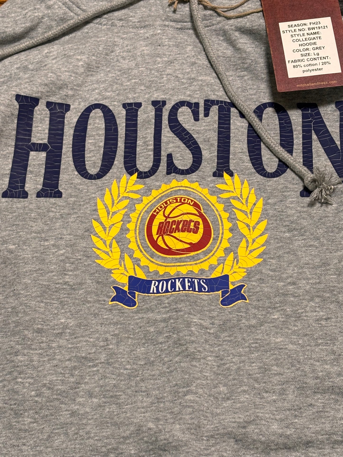 Houston Rockets Mitchell & Ness NBA Retro Hardwood Classic HWC City College Collegiate Style Long Sleeve Hooded Hood Pullover Soft Sweat Shirt Heather Gray Men’s Large L New NWT