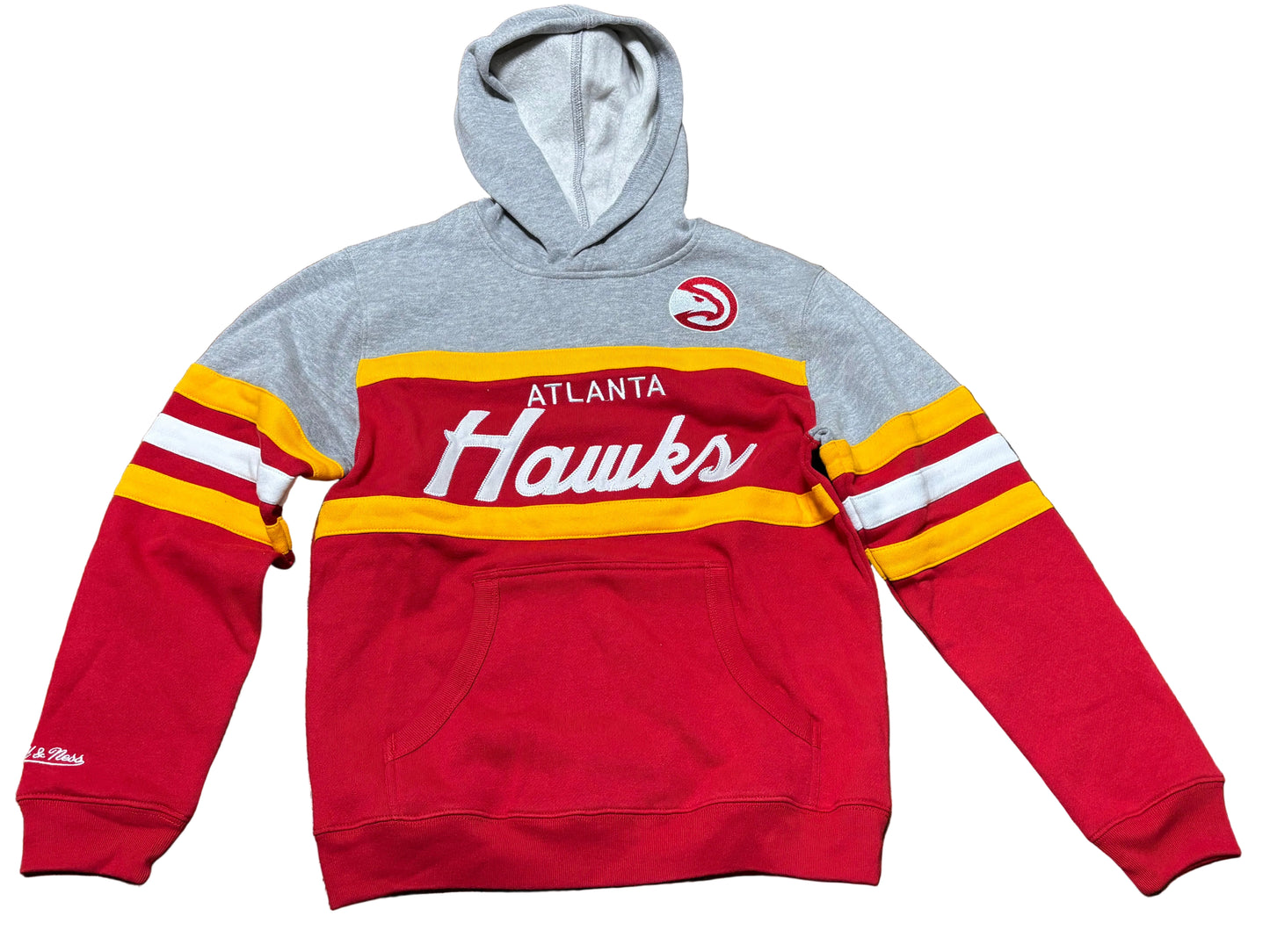 Atlanta Hawks Mitchell & Ness Hardwood Classic HWC NBA Retro Coach’s Head Coach Hooded Hoodie  Sweat Shirt Pullover Red Yellow Gray Youth Kids Medium M 10-12 New NWOT