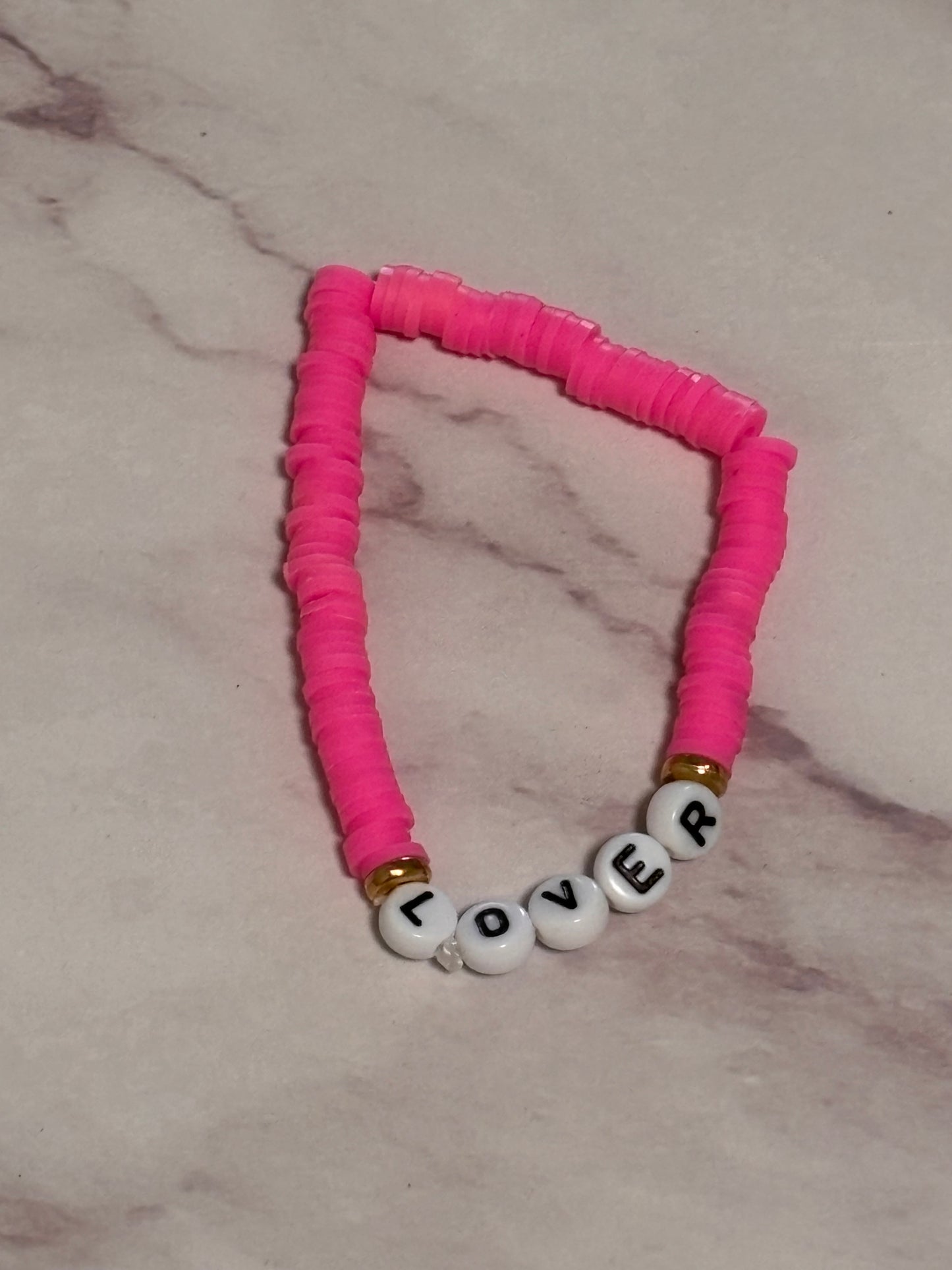 Lover Hot Pink Heishi Word Bracelet 7 Inch Polymer Clay Gold White Letter Beads