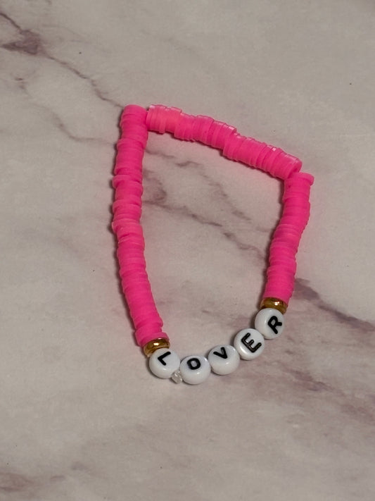 Lover Hot Pink Heishi Word Bracelet 7 Inch Polymer Clay Gold White Letter Beads