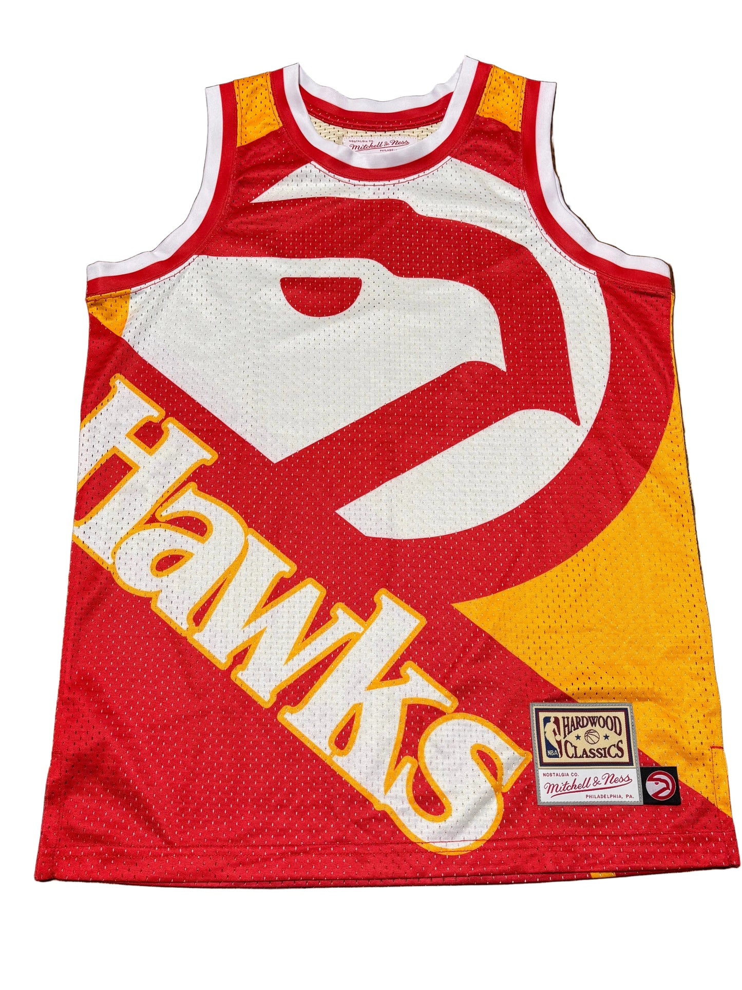 Atlanta Hawks Mitchell & Ness NBA Retro Hardwood Classic HWC Big Face 5.0 Split Mesh Shirt Jersey Red Yellow Youth Kids Medium M 10-12 New NWOT