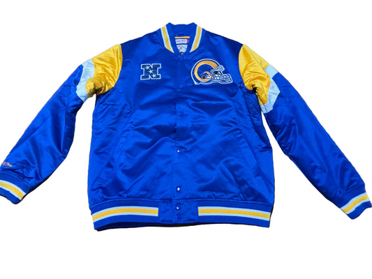 Saint Louis LA Los Angeles Rams Mitchell & Ness NFL Football Throwback Heavy Weight Full Button Down Long Sleeve Pullover Satin Jacket Shirt Gold Yellow Blue Men’s Large L New NWOT