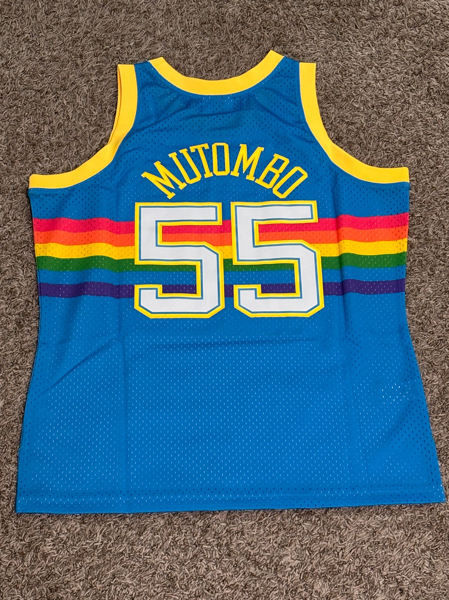 Denver Nuggets #55 Mitchell & Ness NBA Dikembe Mutombo Rainbow Tropical HWC 1991-92 Hardwood Classic Swingman Blue Jersey Men’s L Large NWOT New