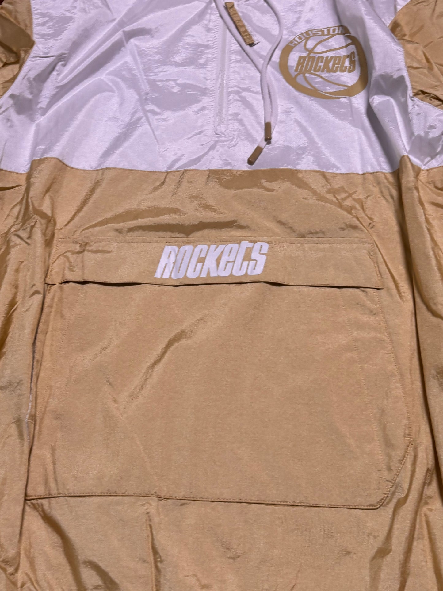 Houston Rockets Mitchell & Ness NBA Retro Hardwood Classic HWC Surprise Win Long Sleeve Hooded Hood Pullover Wind Breaker Jacket Cream White Gold Men’s Large L New NWOT