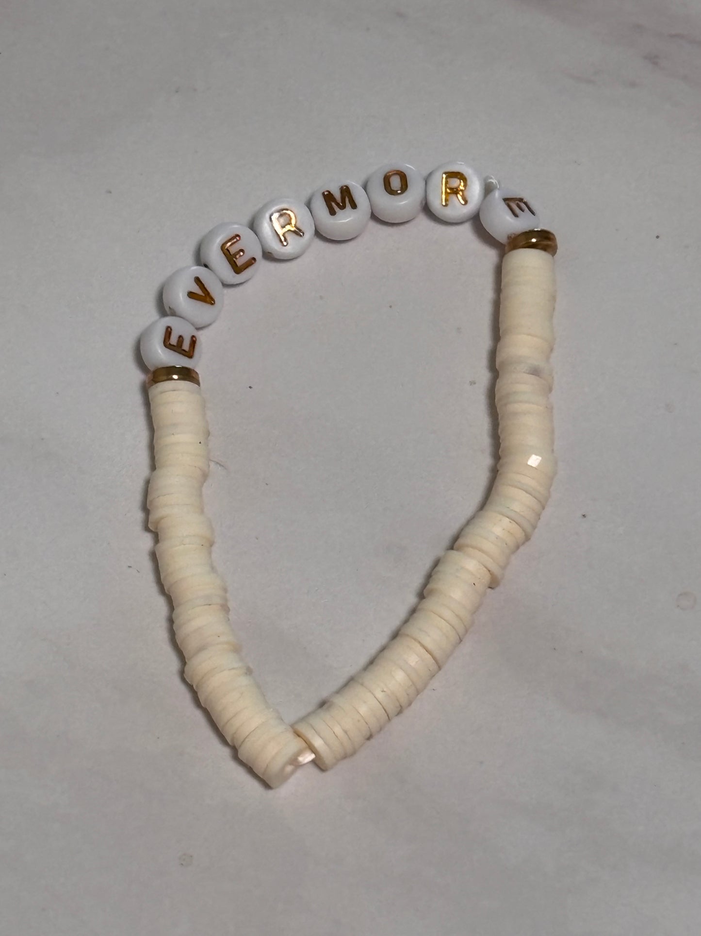 Evermore White Creame Heishi Word Bracelet 7 Inch Polymer Clay Gold White Letter Beads