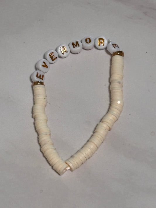 Evermore White Creame Heishi Word Bracelet 7 Inch Polymer Clay Gold White Letter Beads