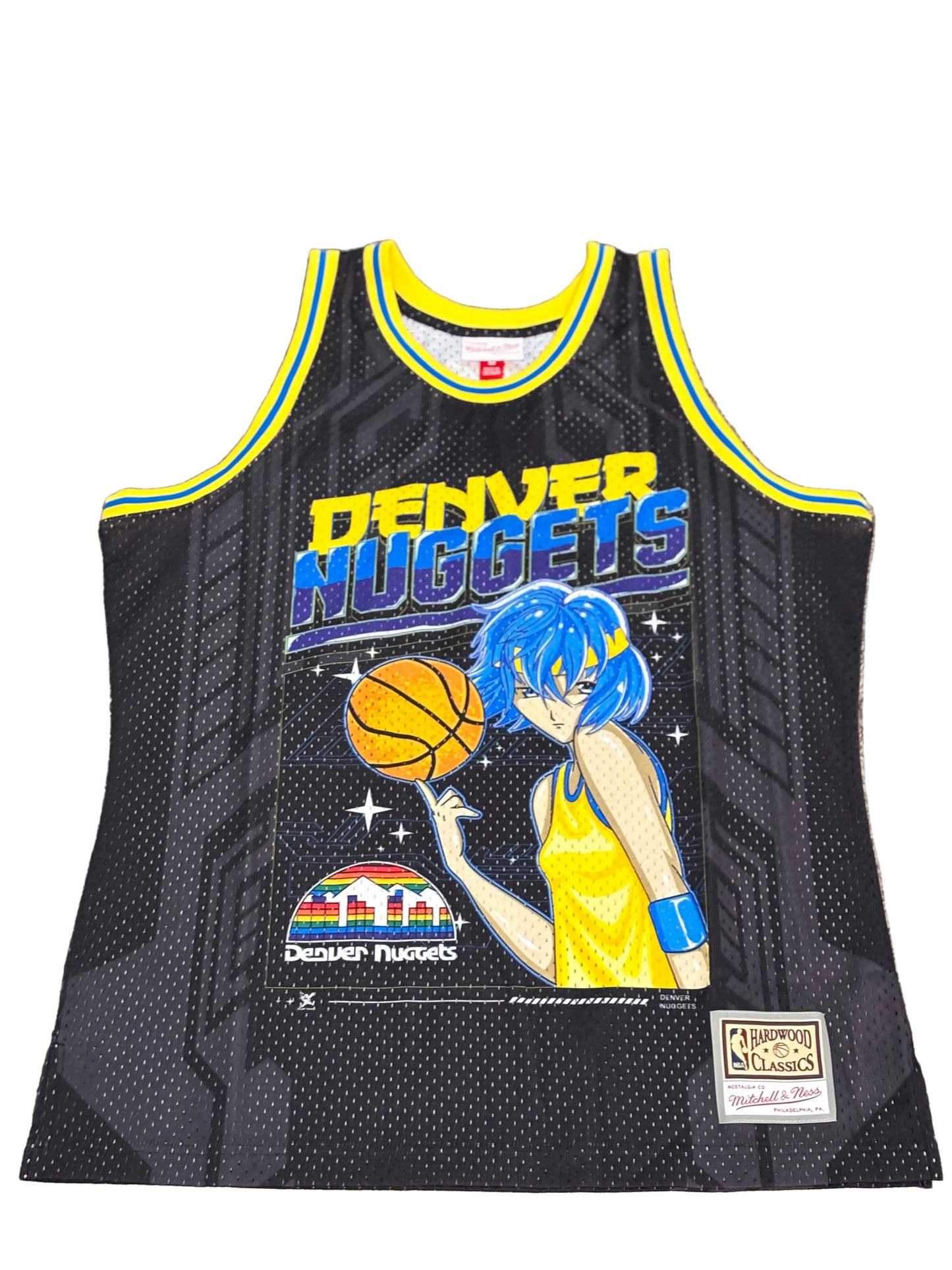 Denver Nuggets Mitchell & Ness NBA HWC Hardwood Classic Black Jersey Anime Character Art Mens Large L NWOT New