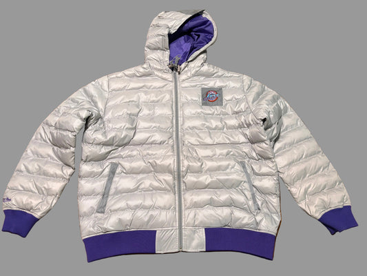 Utah Jazz Mitchell & Ness NBA Retro Hardwood Classic HWC Starter Puffer Winter Full Zipper Pullover Hooded Hood Jacket  Purple Gray Silver Mens Large L New NWOT