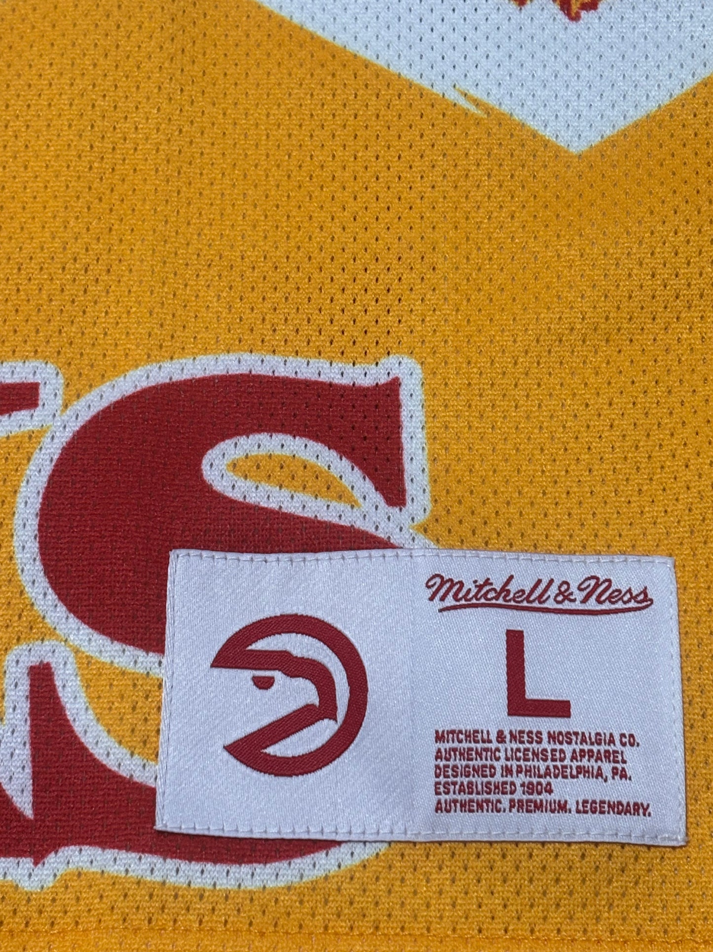 Atlanta Hawks Mitchell & Ness Hardwood Classic HWC NBA Retro Big Face 5.0 C 3/4 Short Sleeve Shirt Red Yellow Men’s Large L New NWOT