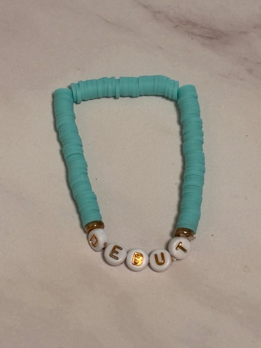 Debut Teal Heishi Word Bracelet 7 Inch Polymer Clay White Gold Letter Beads
