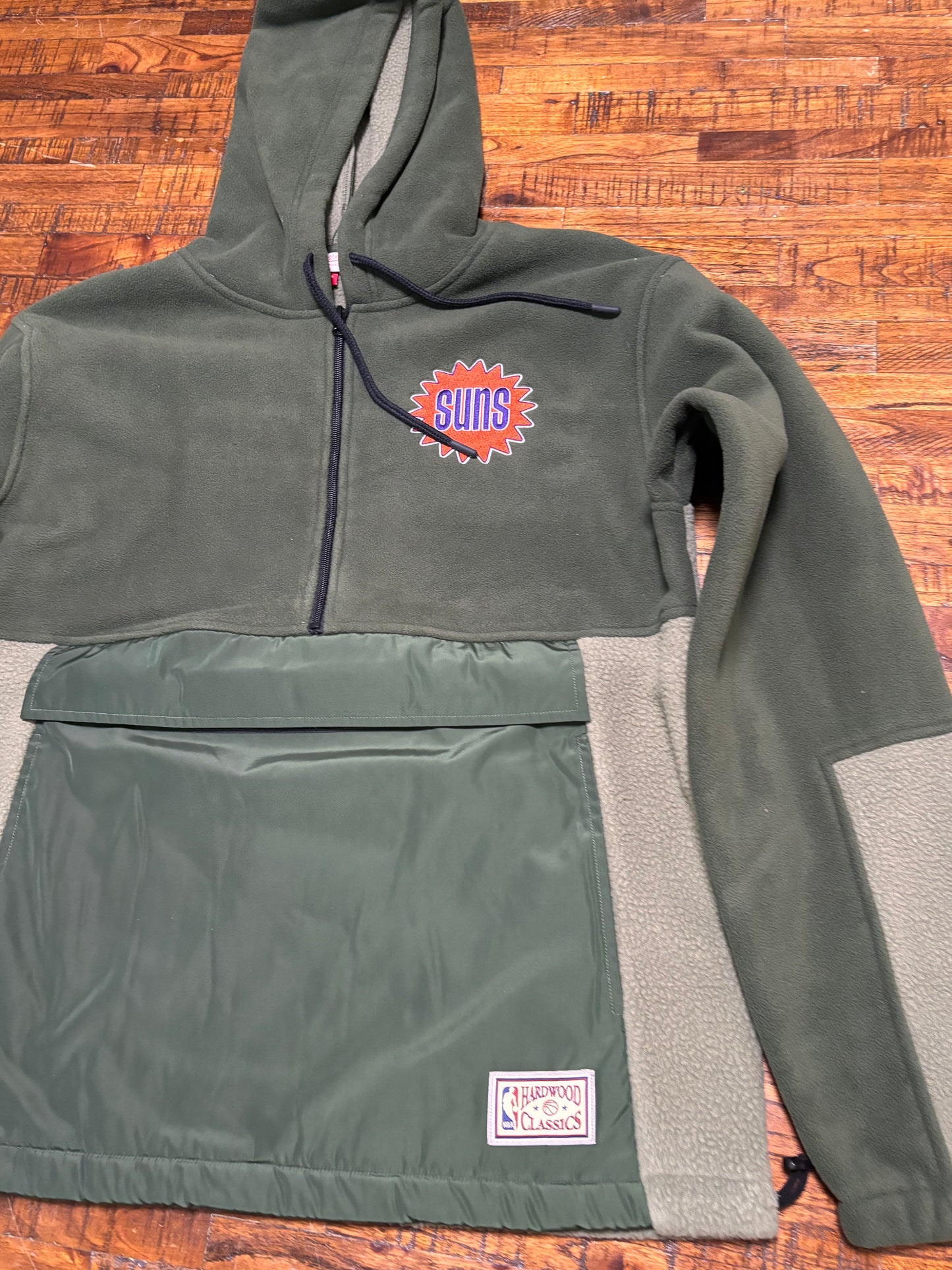 Phoenix Suns Mitchell & Ness NBA Retro Fleece Cargo Half-Zip Hooded Pullover Hoodie Sweater Jacket Green Cream Mens L Large New NWOT