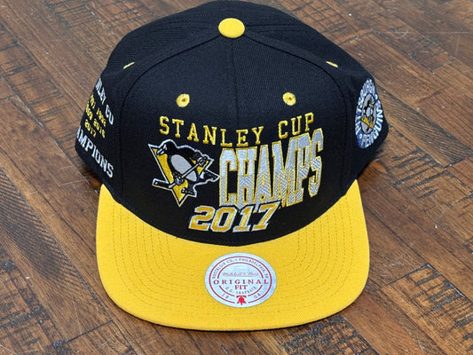 Mitchell & Ness NHL Hockey Pittsburgh Penguins 2017 Stanley Cup Finals Champions Snap Back Adjustable Mesh Trucker Hat White Black Yellow New
