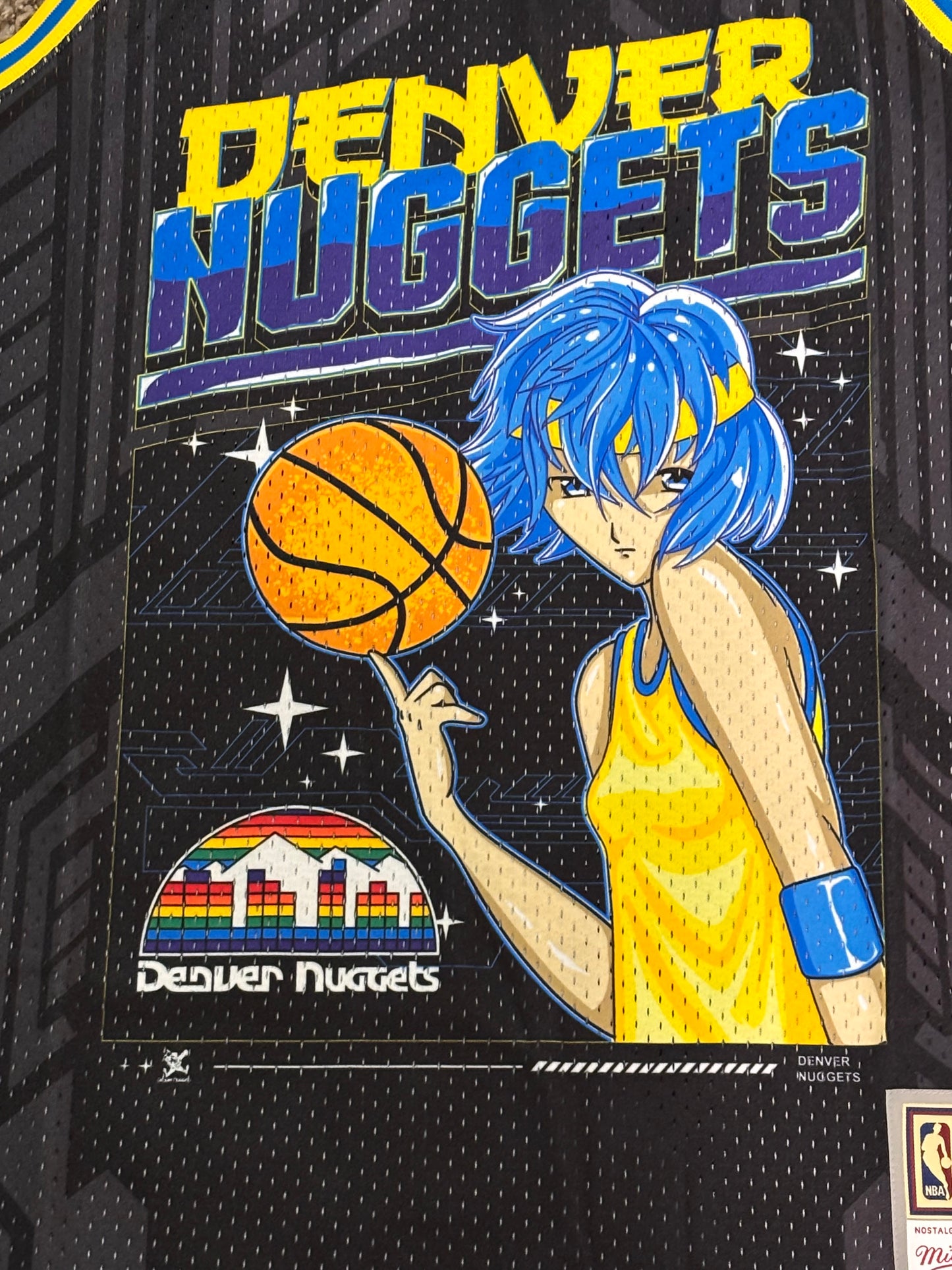 Denver Nuggets Mitchell & Ness NBA HWC Hardwood Classic Black Jersey Anime Character Art Mens Large L NWOT New