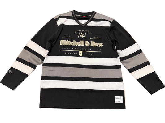 Mitchell & Ness Branded Sports Big Logo Long Sleeve Arch Hockey Jersey Tee T Shirt Black White Gray Striped Men’s Large L New NWOT