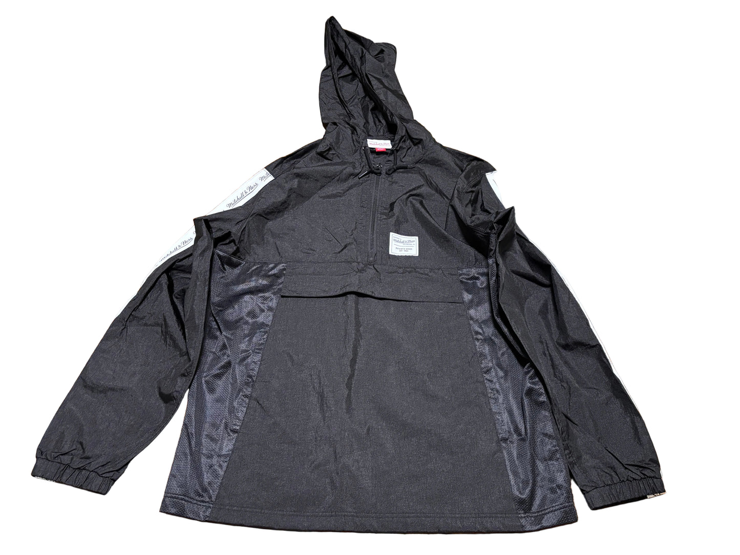 Mitchell & Ness Branded Windbreaker Anorak Jacket Pullover Long Sleeve Hood Hooded Black White Trim Mens Large L New NWOT