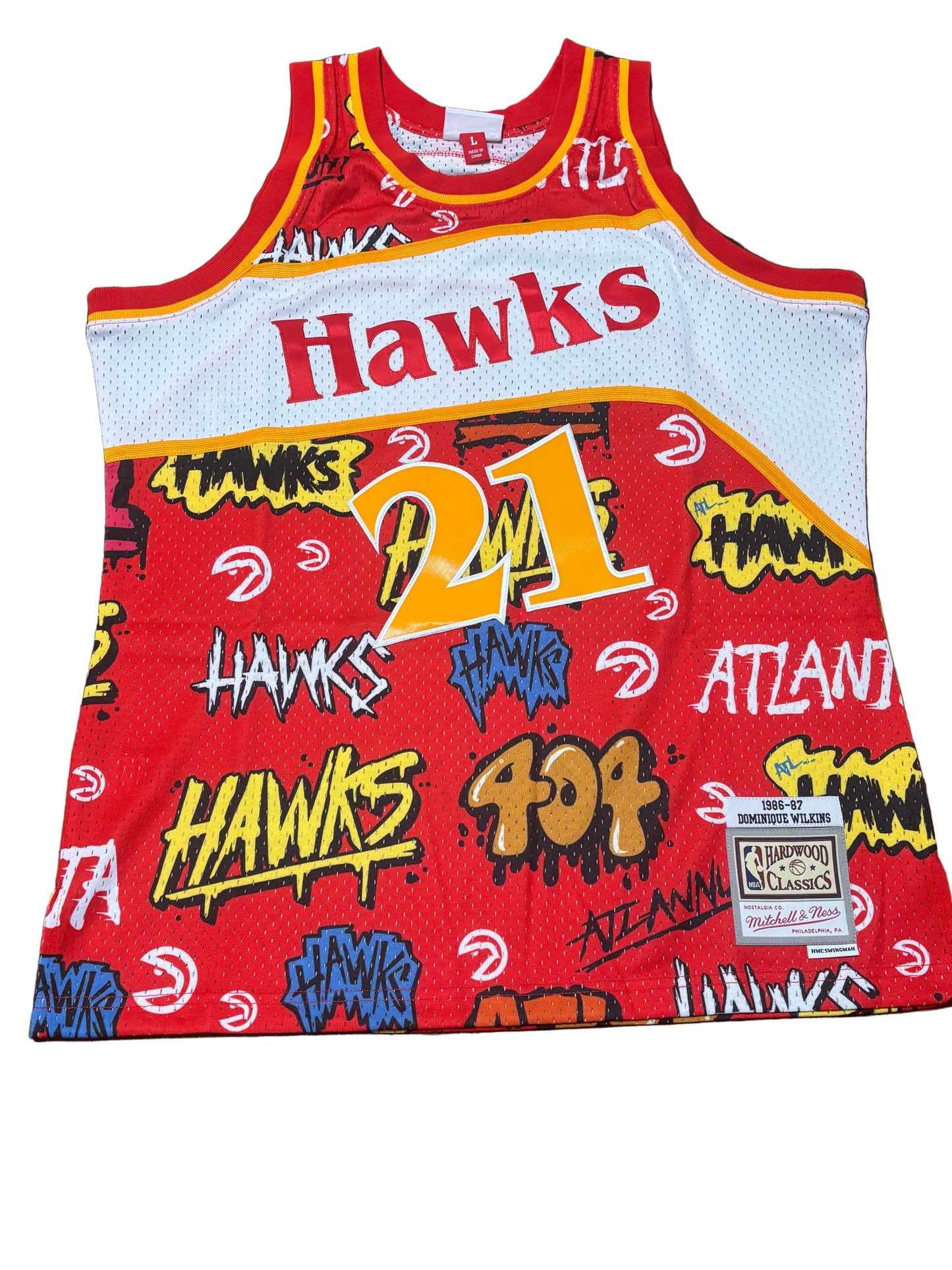 Dominque Wilkins Atlanta Hawks Mitchell & Ness Hardwood Classic HWC NBA Retro Swingman 1986-87 Slap Sticker Graffiti Red White Jersey Men’s Large L New NWOT