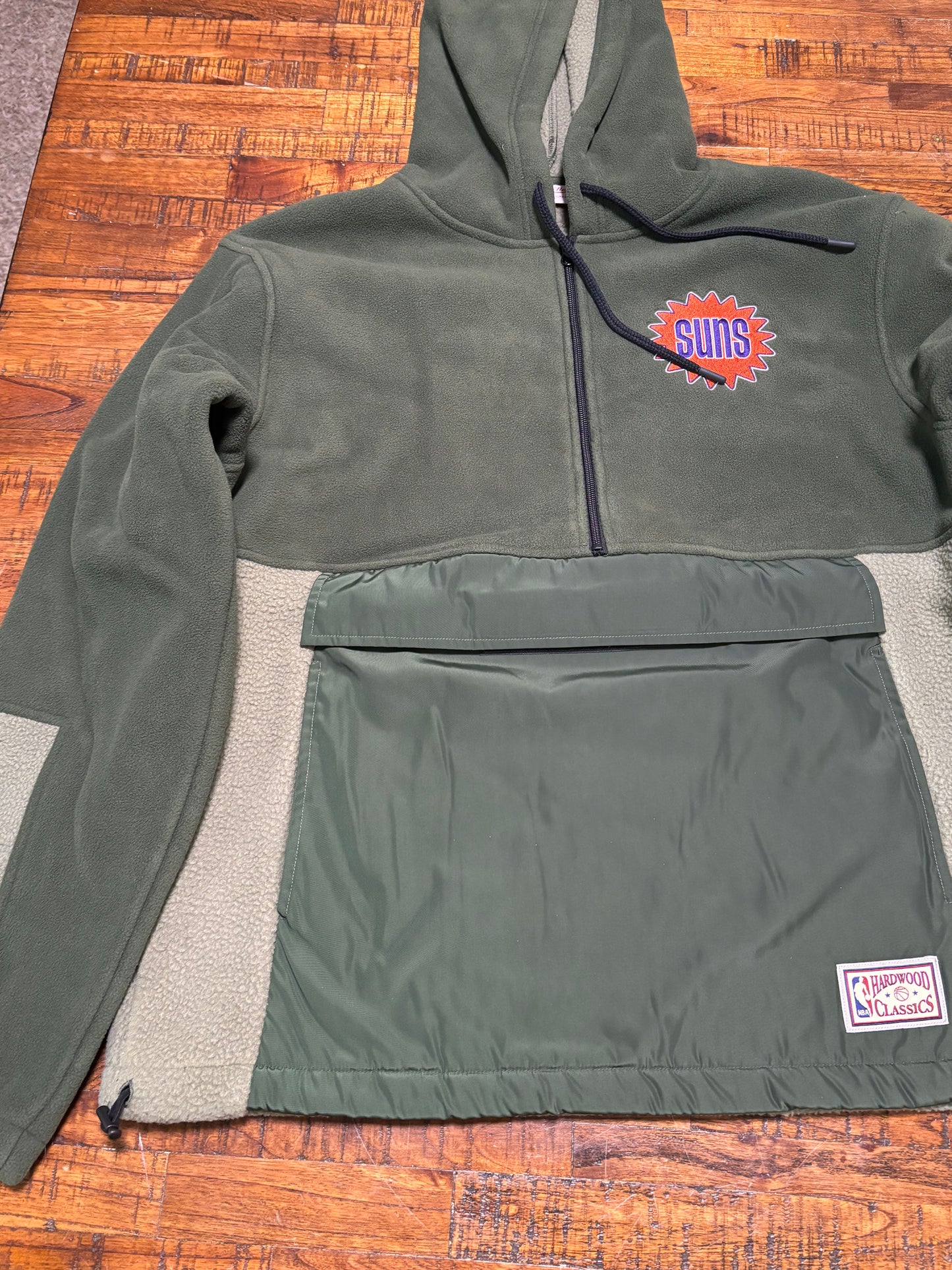 Phoenix Suns Mitchell & Ness NBA Retro Fleece Cargo Half-Zip Hooded Pullover Hoodie Sweater Jacket Green Cream Mens L Large New NWOT